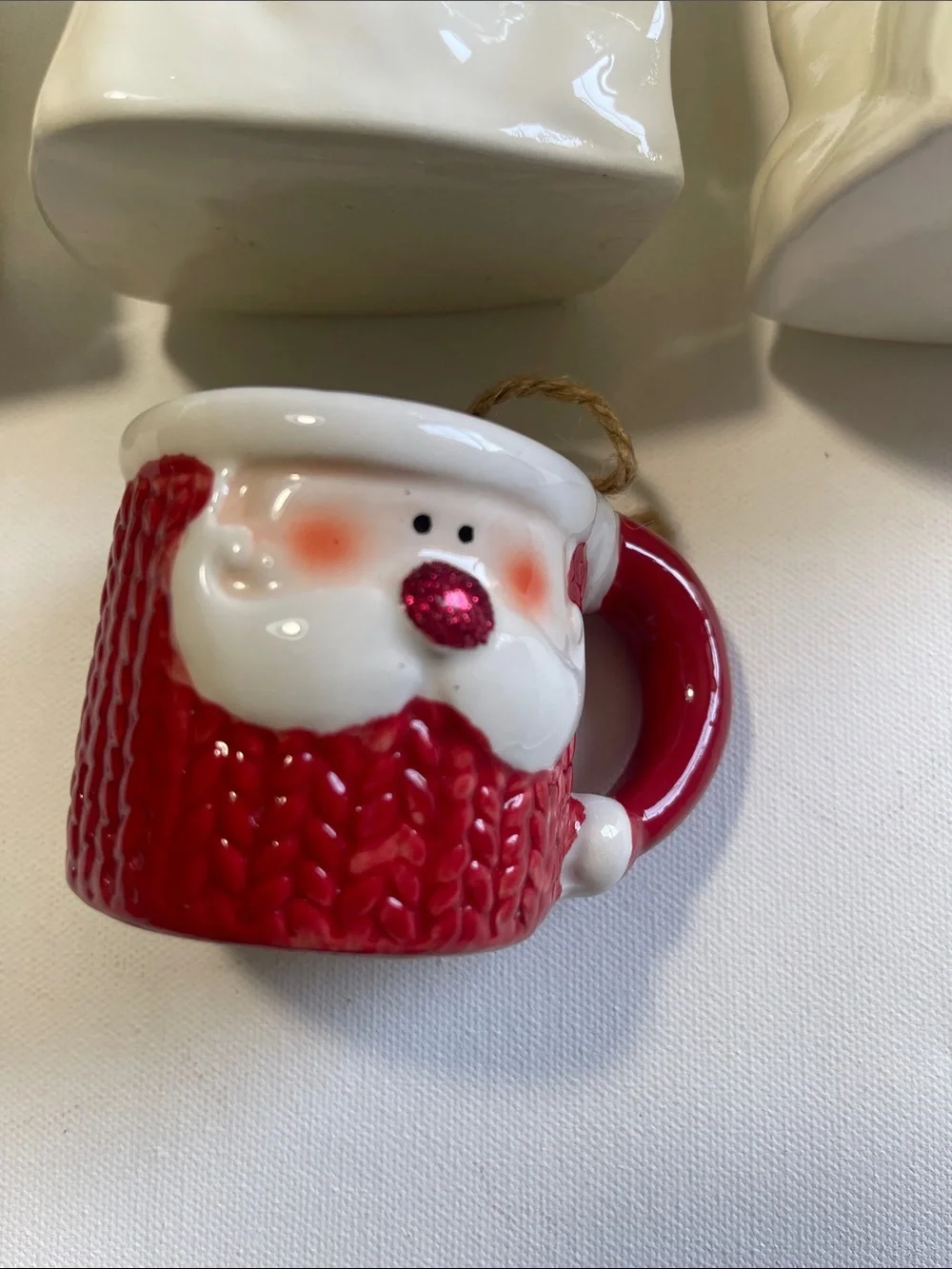 Ceramic Holiday Votive Trio with Santa Mug Ornament - White and Red